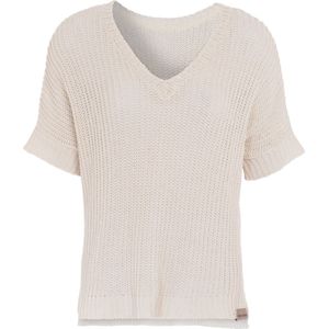 Knit Factory Daisy Gebreide Dames Top - Trui met korte mouwen - Gebreide t-shirt - T-shirt - Shirt gemaakt van 80% gerecyceld katoen - Duurzaam & milieuvriendelijk - Korte mouw - V-hals - Beige - 36/44
