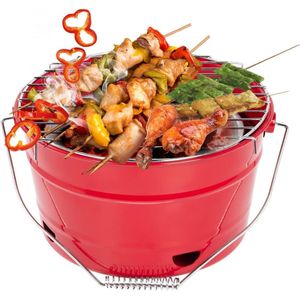 Draagbare grillemmer met handgreep, lekkere barbecue, picknickgrill met groot grilloppervlak, houtskool, diameter 27,5 cm, geschikt voor 1-4 personen, rood