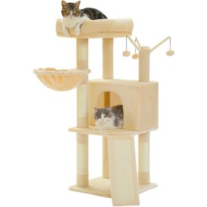 Krabpaal, kattentoren met meerdere verdiepingen voor binnenkatten, kattenklimboom met met sisal bedekte krabpalen, diepe hangmat en interactief kattenspeeltje (beige)