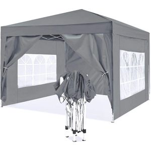 ISE 3 x 3 m Tuinpaviljoen voor Buiten - Opvouwbare Partytent met 4 Zijwanden - Robuust en Aluminium - Grijs