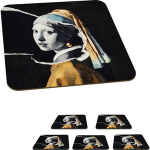 Onderzetters voor glazen - Meisje met de parel - Goud - Zwart - Wit - 10x10 cm - Glasonderzetters - 6 stuks