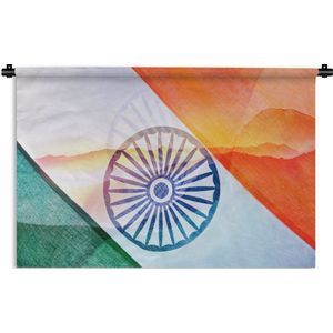 Wandkleed Vlag India - Grote bergen achter de nationale vlag van India Wandkleed katoen 120x80 cm - Wandtapijt met foto