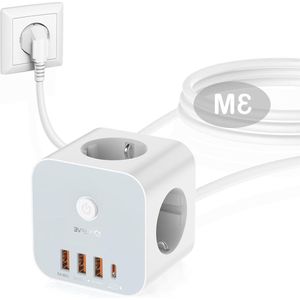 VEFVE Kubus Verlengsnoer USB 7-in-1 Stekkerdoos - Meervoudige Stopcontactadapter met 3 Stopcontacten - 1x USB-C en 3x USB-A Poorten - 20W PD&QC Snelladen - 3m Kabel