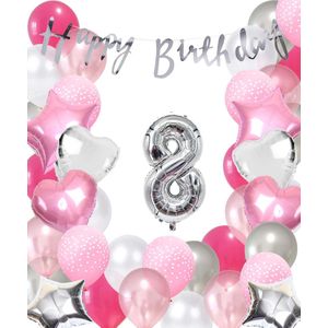Snoes Ballonnen 8 Jaar Pink Blush Silver Mega Ballon - Compleet Feestpakket 8 Jaar - Verjaardag Versiering Slinger Happy Birthday – Folieballon – Latex Ballonnen - Helium Ballonnen - Zilver en Roze Verjaardag Decoratie