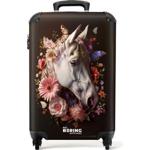 NoBoringSuitcases.com® - Kinderkoffer - Kindertrolley - Wit paardenhoofd tussen kleurrijke bloemenkrans - Handbagage koffer lichtgewicht - Reiskoffer trolley - Rolkoffer met wieltjes - Past binnen 55x40x20 en 55x35x25