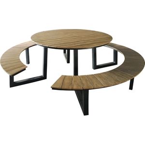 AXI Taco Picknicktafel met 2 banken Rond Antraciet met Teak-look Polywood – Gepoedercoat aluminium frame – Tafel en banken met Polywood tafelblad en zitvlak - 200x190cm