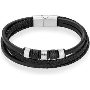 Leren Multi armband Mendes RVS kralen Zwart Zilverkleurig-20.5cm