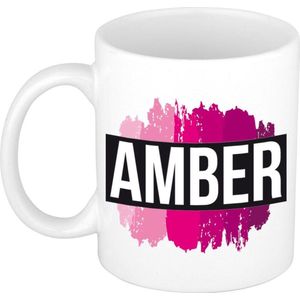 Amber naam cadeau mok / beker met roze verfstrepen - Cadeau collega/ moederdag/ verjaardag of als persoonlijke mok werknemers