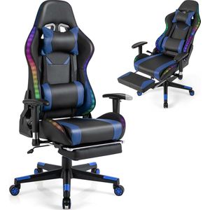 Gamingstoel met RGB-ledlampen en intrekbare voetensteun, ergonomische bureaustoel met verstelbare rugleuning, armleuning, lendensteun, computerstoel, draaistoel, tot 160 kg belastbaar