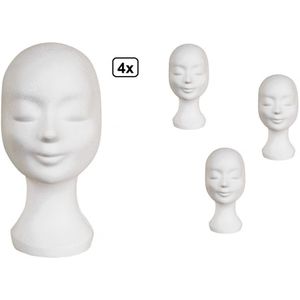 4x Pruiken houder piepschuim wit (tempex) - pruik hoofd thema feest festival schuim masker hoed