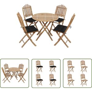 The Living Store 5-delige Tuinset inklapbaar met kussens bamboe - Bamboetuinset - Buitendecoratie - Tuinset - Eettafel - Eetkamerstoelen