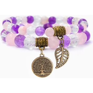 Bixorp Gems Gouden Driehoek Armband met Levensboom & Veertje - Amethist + Rozenkwarts + Bergkristal - Edelsteen Kralenarmband met Hanger - Chakra