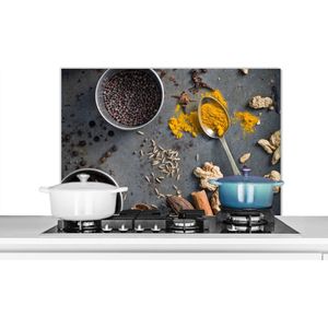 Spatscherm keuken 80x55 cm - Kookplaat achterwand Kruiden op grijze achtergrond - Muurbeschermer - Spatwand fornuis - Hoogwaardig aluminium