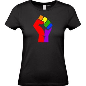 Dames T-shirt Regenboog Vuist | Gay pride shirt kleding | Regenboog kleuren | LGBTQ | Zwart dames | maat M