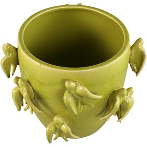 PTMD Emmelyn Green Round Ceramic Glazed Pot Birds L