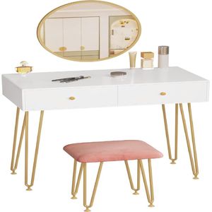 Make-up tafel met kruk, kaptafel met ronde spiegel en 2 schuifladen voor slaapkamer, bureau van MDF en massief hout, gouden onderstel 80 x 40 x 77,5 cm, wit + goud