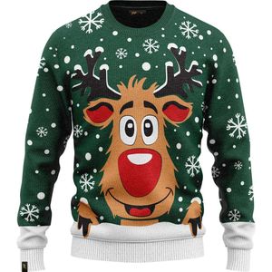 JAP Christmas Kersttrui voor kinderen (maat 110/116) - 100% Gerecycled - Kriebelt niet - Kerstcadeau - Foute Kersttrui jongens en meisjes (5/6 jaar) - Rudolf het Rendier - Groen
