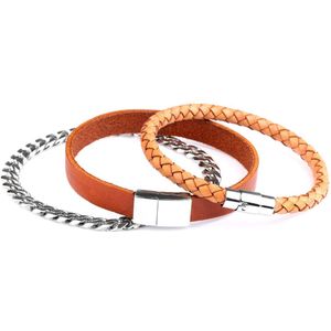 Di Lusso - Armbanden set Ward - Stainless Steel - Leder - Oranje - Heren - 22 cm