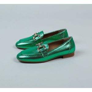 Manfield - Dames - Groene metallic leren loafers - Maat 36