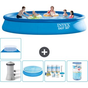 Intex Rond Opblaasbaar Easy Set Zwembad - 457 x 84 cm - Blauw - Inclusief Pomp Solarzeil - Onderhoudspakket - Filter - Grondzeil - Stofzuiger
