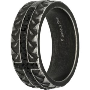 Lucardi Heren Ring textuur met zirkonia zwart - Ring - Cadeau - Vaderdag - Staal - Zilverkleurig