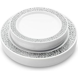 40 Premium Witte Plastic Borden met Zilveren Rand voor Bruiloften Verjaardagen Doopfeesten Kerstmis en Feesten (2 Maten: 20 x26 cm 20 x19 cm) - Stevig Stijve en Herbruikbaar borden set
