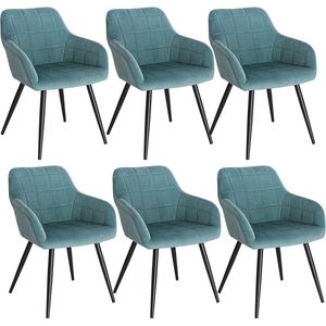 Rootz Set van 6 eetkamerstoelen - Fluwelen fauteuils - Turquoise metalen poten - Comfortabel, ergonomisch, stabiel - 49 cm x 43 cm x 81 cm