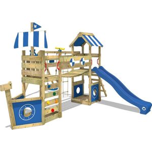 WICKEY speeltoestel klimtoestel StormFlyer met schommel & blauwe glijbaan, outdoor kinderklimtoren met zandbak, ladder & speelaccessoires voor de tuin