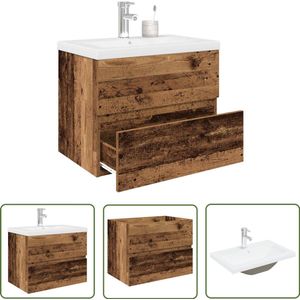 The Living Store Wastafelkast met ingebouwde wasbak en kraan oud houtkleurig - Wastafel Meubel - Badkamerspiegel - Badkamerinrichting - Houten Wastafel - Vintage Wastafel