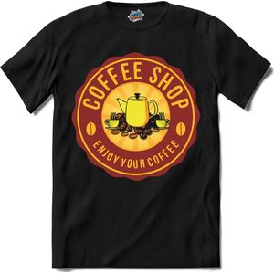 Enjoy Your Coffee | Koffie - Vintage - T-Shirt - Unisex - Zwart - Maat M