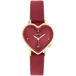 OOZOO Timepieces - Goudkleurige OOZOO horloge met bordeaux rode leren band - C11454