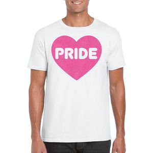 Bellatio Decorations Gay Pride T-shirt voor heren - pride - roze glitter hartje - wit - LHBTI L