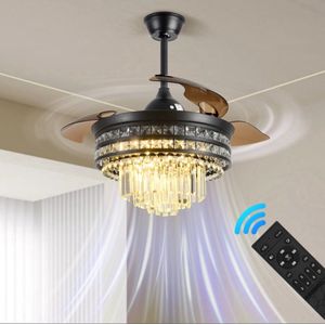 LuxiLamps - Hanglamp Kristallen Ventilator - 6 Standen - Dimbaar - Kroonluchter Ventilator - Zwart - Woonkamer Lamp