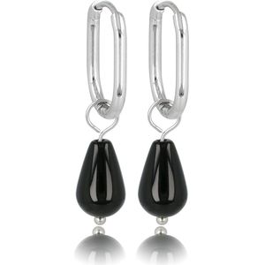 Zilveren oorbellen met Onyx edelsteen - 30 mm lang - Speelse combinatie van zilveren ovalen oorbel en peervormige Onyx hanger - Met luxe cadeauverpakking