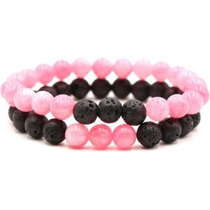 Bixorp Gems Dubbele Natuursteen Armband voor Man & Vrouw - Lichtroze/Zwart contrast - Edelsteen Armband Cadeau - Lavasteen - 20cm