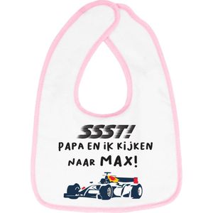 Hospitrix Slabbetje met Tekst  ""SSST! Papa en Ik kijken naar MAX"" Roze  - Kerstcadeau - Cadeau Zwangerschap - Baby Kwijldoek - Kwijllap - Morslap - Bavette - go max - Cadeau - Zwangerschap - Aankondiging -  Verstappen