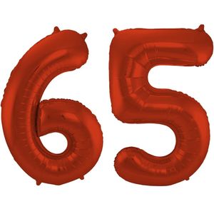 Folat Folie ballonnen - 65 jaar cijfer - rood - 86 cm - leeftijd feestartikelen