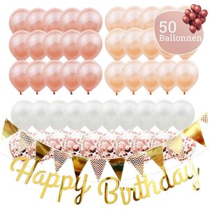 Zalm ballonnen Verjaardag & Versiering Set – Rose - Incl. Happy Birthday Slinger, Vlaggenlijn, Lint en 50 Ballonnen – Kant en Klaar Feest Pakket