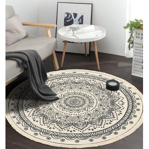Mandala tapijt, rond, 120 cm, crème, katoenen tapijt met kwastjes, Bohemian Marokko, modern tapijt, wasbaar, vintage tapijt voor slaapkamer, woonkamer, keuken, binnen en buiten