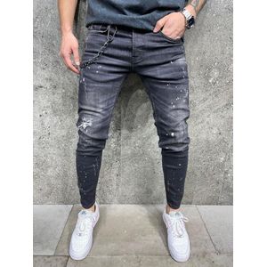 Mannen Stretchy Ripped Skinny Biker Borduurwerk Cartoon Print Jeans Vernietigd Hole Slim Fit Denim Hoge Kwaliteit Zwarte Jeans - W38