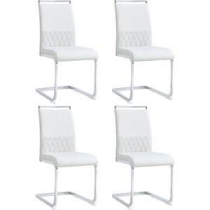 Merax Moderne Eetkamerstoelen Set van 4 – Stoelen met Hoge Rugleuning – PU Kunstleer en Linnen – Ergonomisch Ontwerp – Wit met Zilveren Poten