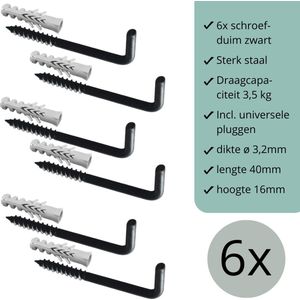 Schroefduimen Zwart - 6 stuks - 40mm x 16mm x ø3,2mm (schroef haak - schroef duim - ophang haak - wand haak)