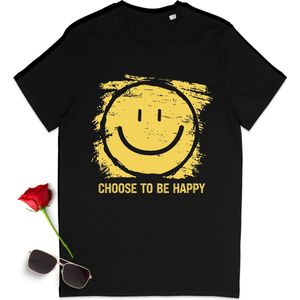 Grappig tshirt met smiley print en quote - T-shirt met choose to be happy opdruk - Dames en heren t shirt - Leuk, blij tshirt voor vrouwen en mannen - Unisex maten: S M L XL XXL XXXL - Shirt kleuren: Zwart en groen (bottle green).