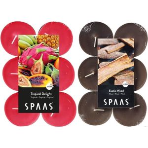 Candles by Spaas geurkaarsen - 24x stuks in 2 geuren Tropical Delight en Exotic wood