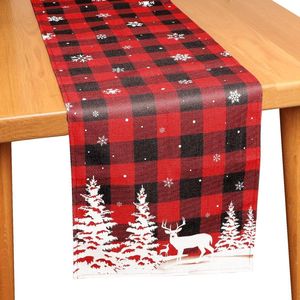 Mrs. Jones Premium Collection Kerst Tafelloper - Rood - Xmas - Buffalo Plaid - Sneeuwvlokken - Eland - Dennenbomen .