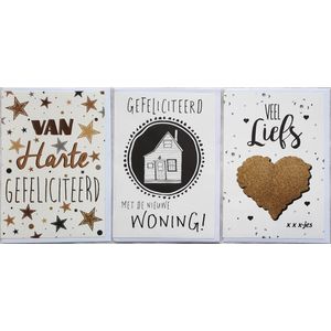 3 Wenskaarten - Nieuwe Woning + Hartelijk Gefeliciteerd + Veel Liefs - 12 x 17 cm – WON-303