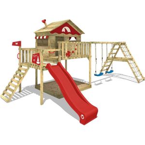 WICKEY speeltoestel klimtoestel Smart Ocean met schommel & rode glijbaan, outdoor klimtoren voor kinderen met zandbak, ladder & speelaccessoires voor de tuin