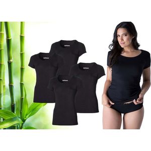 Bamboo Elements - T Shirt Dames - Bamboe - Ronde Hals - 4 Stuks - Zwart - L - Anti Zweet Shirt Dames - Bamboe Ondershirt - Onderhemd Dames Shirts Korte Mouw - Extra Lang