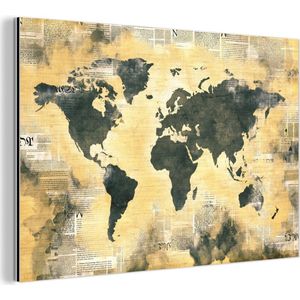 Wanddecoratie Metaal - Aluminium Schilderij Industrieel - Wereldkaart - Gouden - Kranten - 30x20 cm - Dibond - Foto op aluminium - Industriële muurdecoratie - Voor de woonkamer/slaapkamer