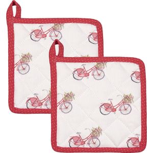 HAES DECO - Set van 2 Pannenlappen voor een kind - formaat 16x16 cm - kleuren Rood / Roze / Wit - van 100% Katoen - Collectie: Red Bicylcle - Kinder Pannenlap